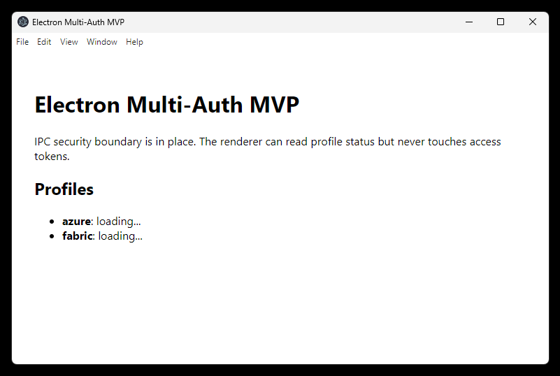 Electron app window titled 'Electron Multi-Auth MVP' showing both azure and fabric profiles in a loading/unauthenticated state, with the IPC security boundary in place.