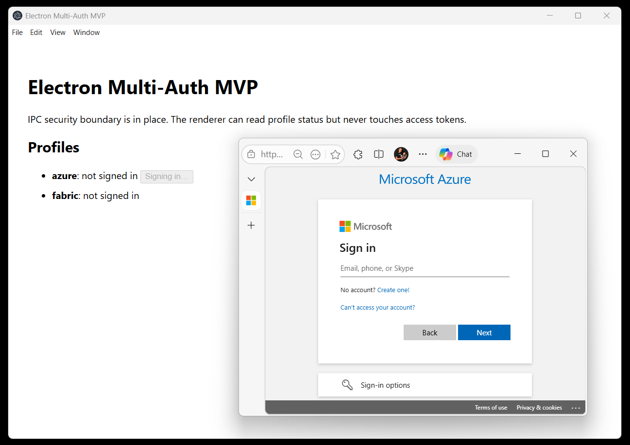 Electron app showing the 'Signing in…' state side by side with the system browser open at the Microsoft Azure sign-in account picker, demonstrating that the account chooser appears instead of silent SSO and that the consent UI lives in the real browser, not an embedded webview.